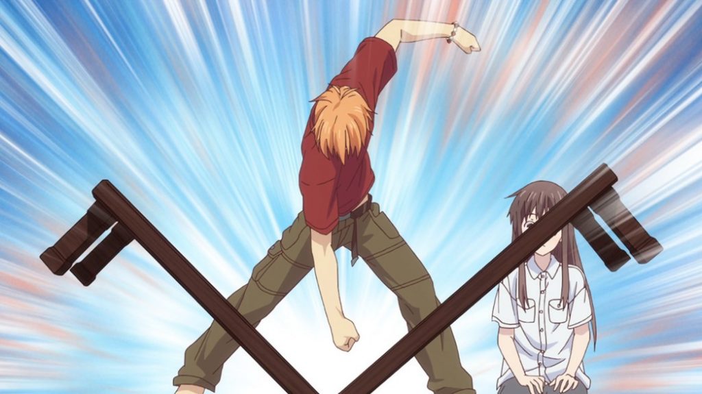 Fruits Basket Episode 2 Kyo breaking a table