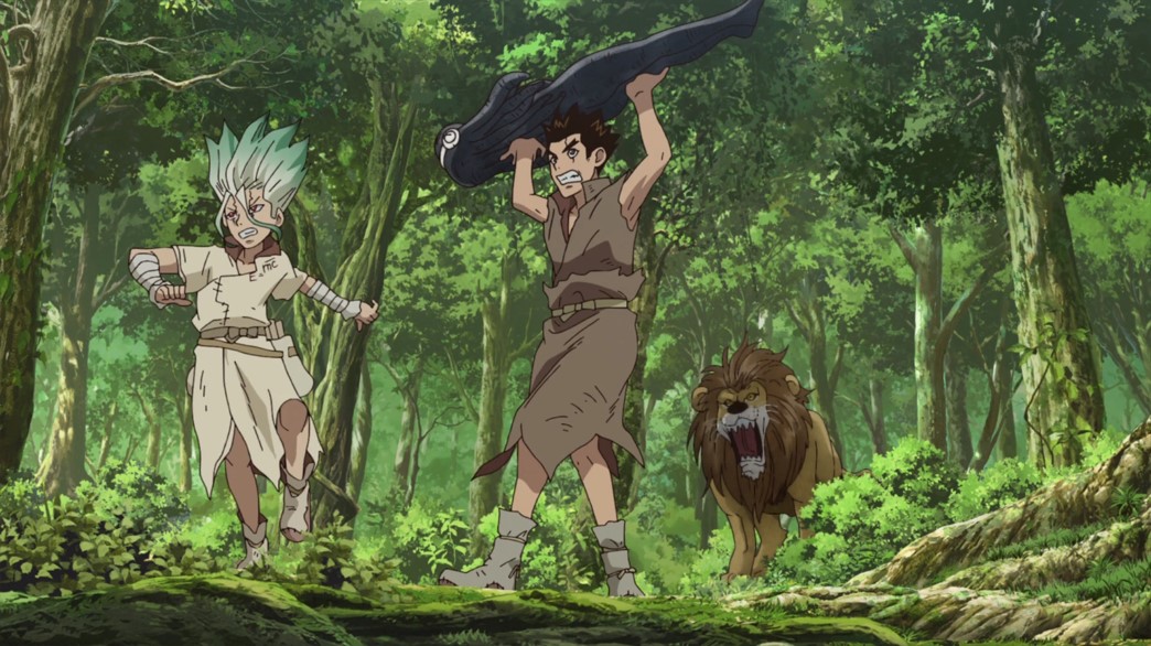 Dr Stone Episode 2 Senku And Taiju With Stone Yuzuriha And Lion