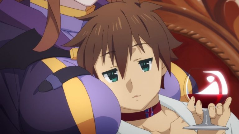 KonoSuba Episode 11 Kazuma using Wiz's boobs as a cushion
