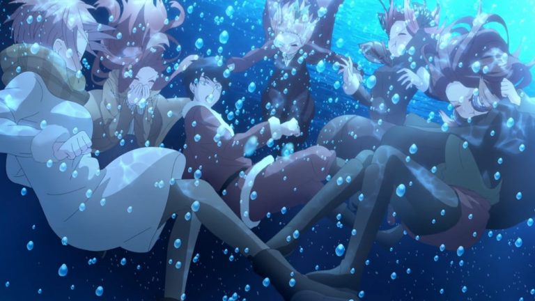 The Quintessential Quintuplets Episode 16 Futaro fell in the river so Itsuki Nino Miku Ichika and Yotsuba jumped in