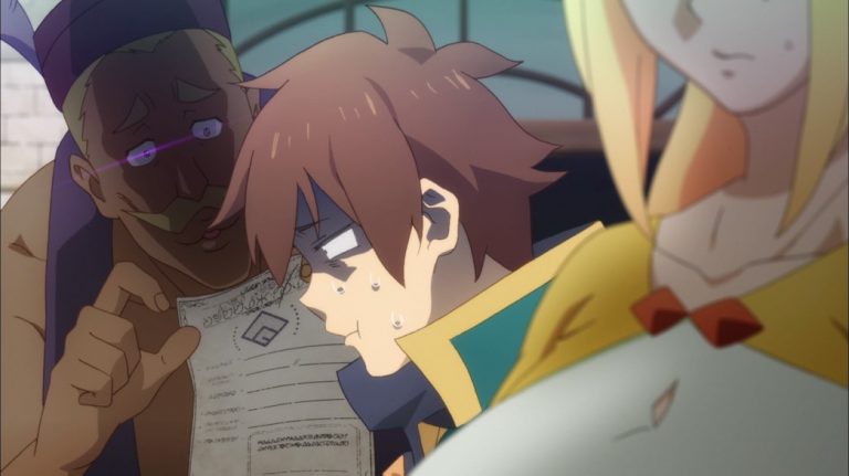 KonoSuba Episode 19 Kazuma and Darkness being harassed by the Axis Cult