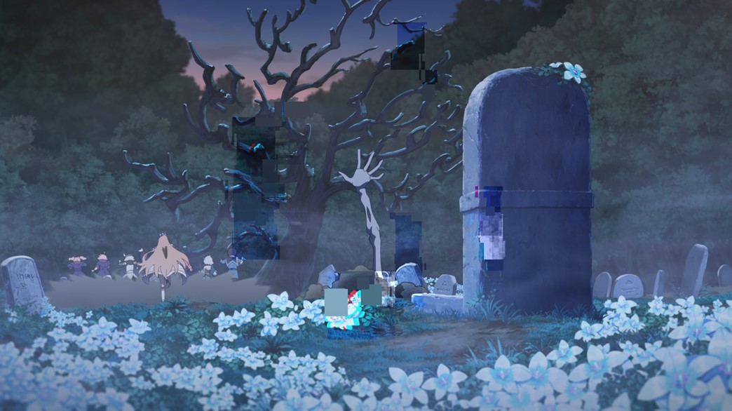 Princess Connect ReDive Episode 16 Skeleton coming out of a grave while the world glitches around it