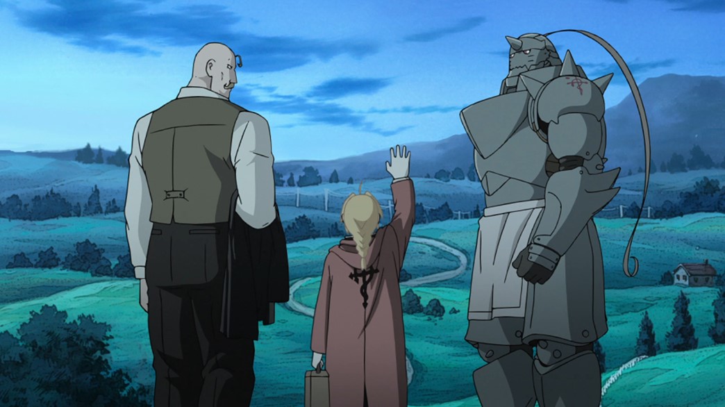 Fullmetal Alchemist Brotherhood Episode 6 Armstrong Edward and Alphonse say goodbye