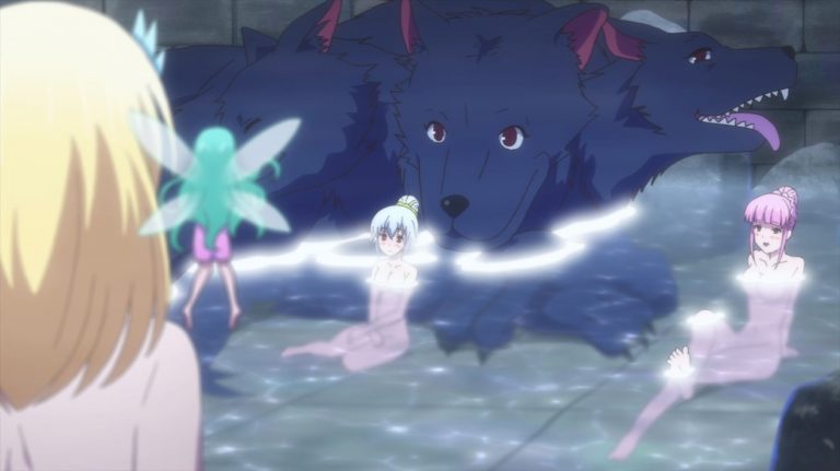 In the Land of Leadale Episode 7 Cayna Fairy Cerebus Mai and Lonti in hot pool