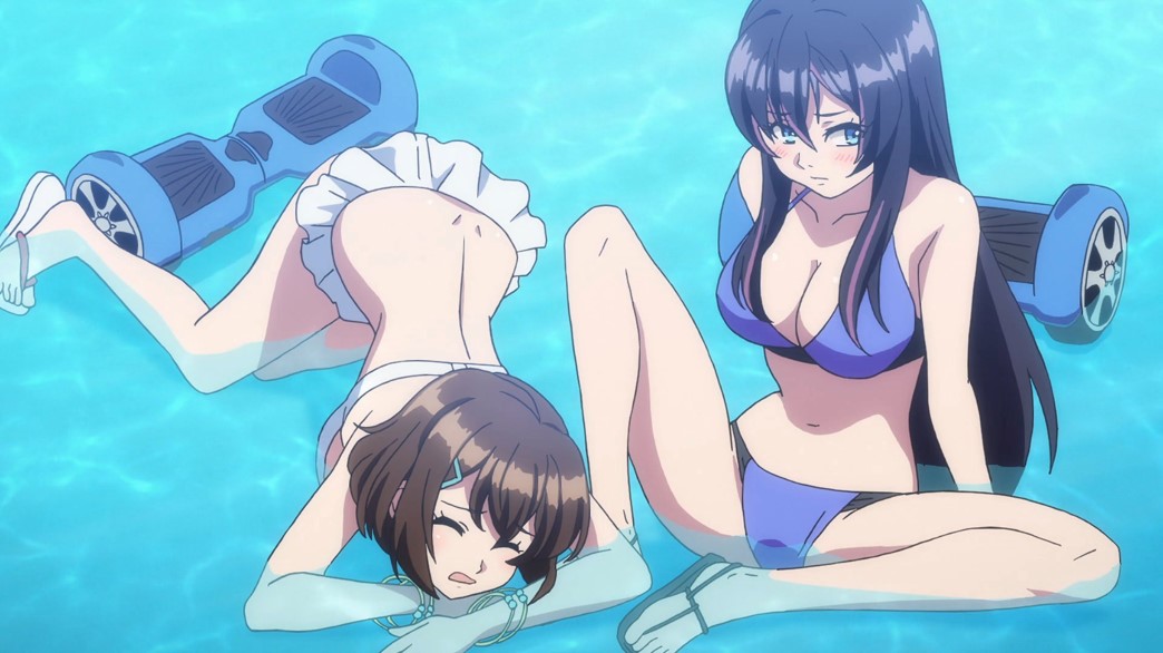 Kandagawa Jet Girls Episode 6 Rin Namiki and Misa Aoi bikinis hoverboard racing fallen over