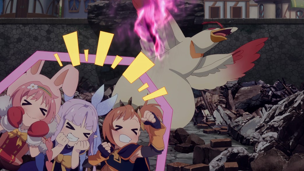 Princess Connect ReDive Episode 24 Mimi Kyouka and Misogi defeat giant mask shadow with a giant chicken