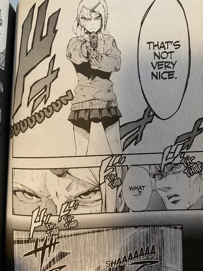 Magical Girl Apocalypse Volume 5 Sayano Kaede pulls a gun on Tsukune Fukumoto