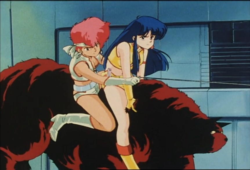 Dirty Pair Episode 7 Kei and Yuri riding Mughi into battle