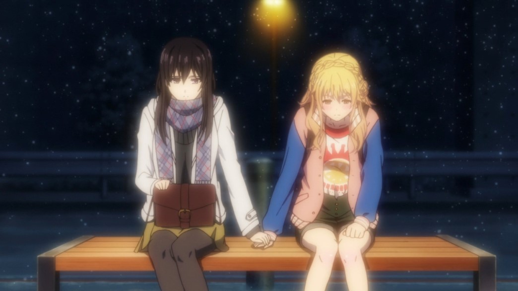 Citrus Episode 8 Mei and Yuzu waiting for a bus holding hands