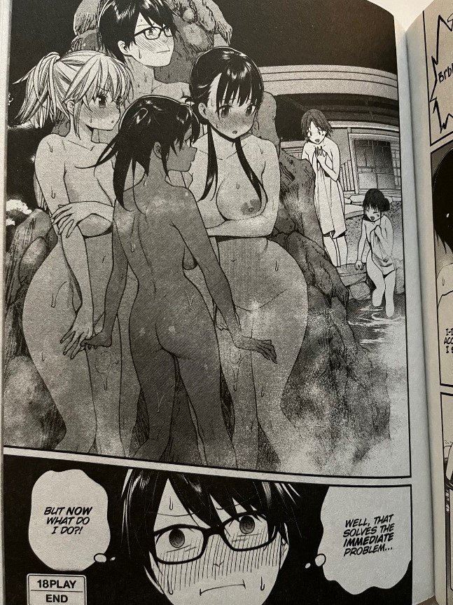 The Girl in the Arcade Volume 2 Nanora Shigure Aki and Mobuo hiding in the hot pool naked