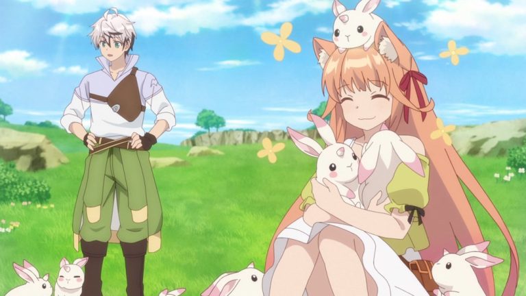 Beast Tamer Episode 2 Rein Shroud and Kanade playing with bunnies