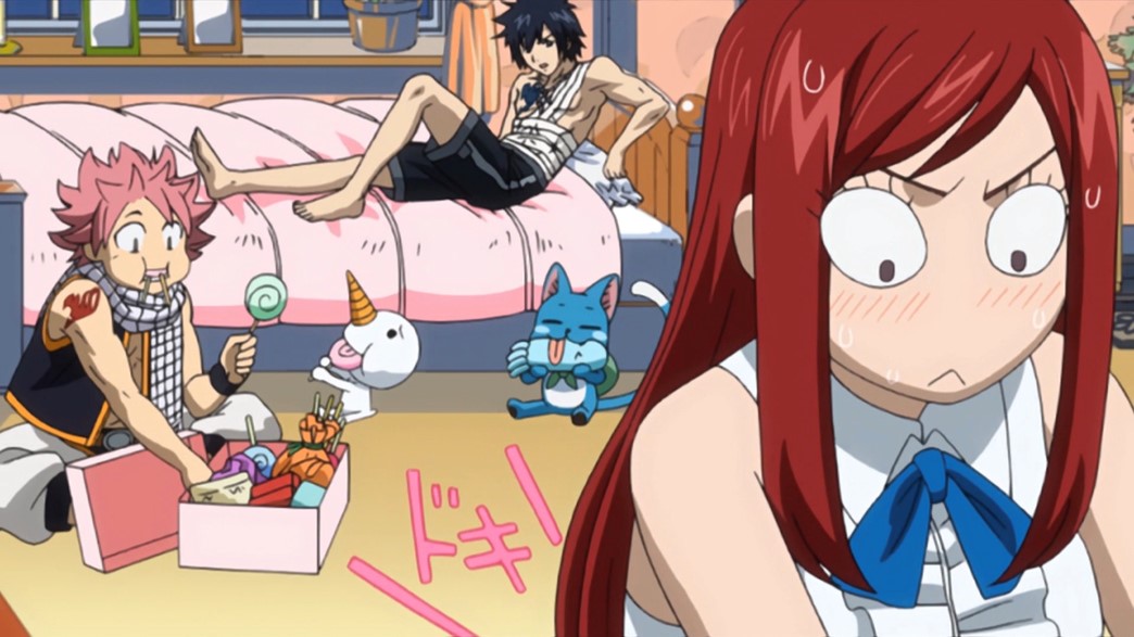 Fairy Tail Episode 21 Natsu Erza Blue Gray and Happy in Lucys apartment