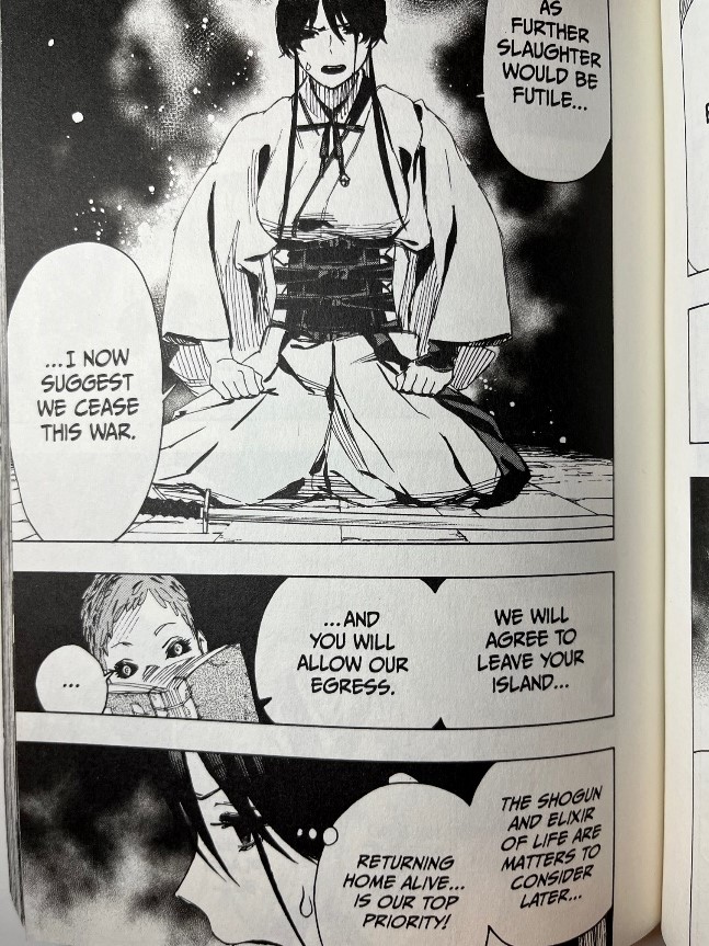 Hells Paradise Jigokuraku Volume 9 Sagiri trying to talk to Gui Fa